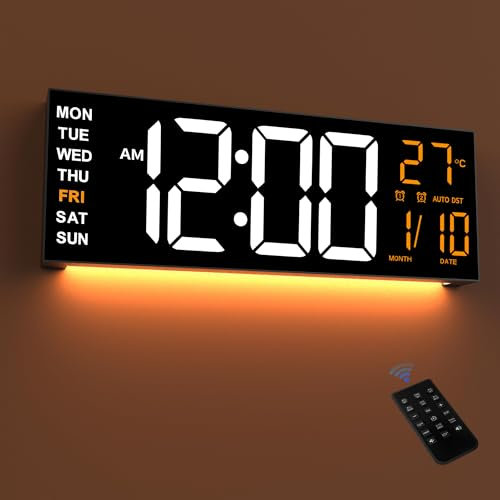 Mee 2ou 16.5 Large LED Wall Clock with Night Light, Auto Dimming, 2 Alarms, 8 RGB Color, Temperature Display, Remote Control, 12/24H, Countdown Timer for Living Room, Bedroom, Desk, Gift for Elderly