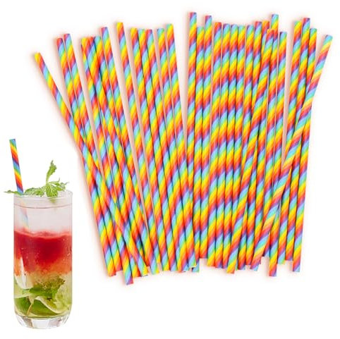 100 Stück Papierstrohhalme, 19.6cm Regenbogen Gestreifte Strohhalme Papier Biologisch Abbaubare Trinkhalme Umweltfreundlich Cocktail Strohhalme für Restaurants Bars Party Kaffee Saft