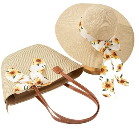 Sombrero de paja para mujer con bolsa tejida a juego, sombrero de ala ancha con volantes de ganchillo y bolsa de hombro de verano de 42 cm, Gorro beige de tela amarilla, M