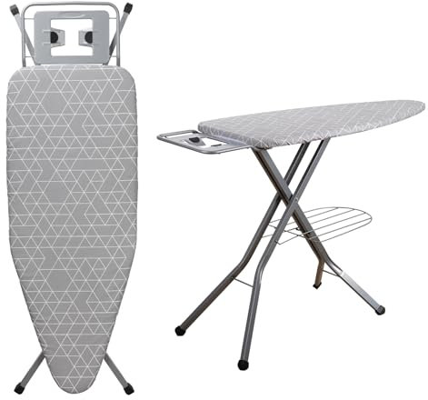 TEENO Asse Da Stiro Pieghevole 120 x 45 cm, Adatto ferro a vapore,Chiusura Sicura,7 regolazioni di altezza, copertura in cotone 100%, supporto ferro integrato, universale per casa/lavanderia (grigio)