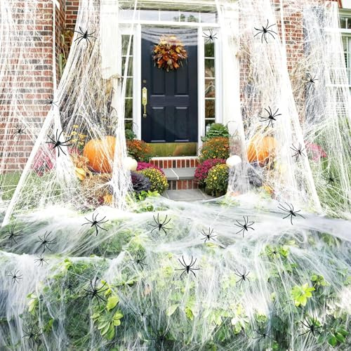 ROMANVIC Halloween Deko Spinnennetz Set,200g Dehnbare Spinnennetze und 40 Künstliche Spinnen,Realistisch Partyzubehör für Outdoor Garten Innen Horror Party Hängende Gruselig Deko