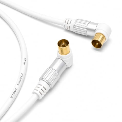 DRUT Right Angle RF TV Aerial Cable, 3m, White, Gold-Plated | Coaxial Freeview Plug to RA Connector, Metal Shielded, Video for HDTV, Set-Top Box, DVR