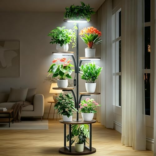 VIHBRAI Estantería para Plantas con Luz de Crecimiento, Soporte para Plantas Interior 7 Niveles Diseño de Árbol, Estantería Plantas de Metal y Madera con Temporizador 3/9/12h y Brillo Ajustable