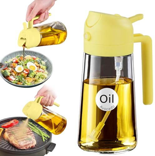 YARRAMATE Oljesprejflaska i glas för matlagning med klistermärken, 470 ml, 2-i-1-flaska, livsmedelsklassad dispenser för olivolja, köksredskap, sprejflaska för sallad, fritös, grill (pomelo)