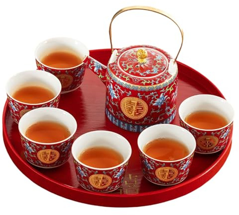 SUZLAZYR Servizio da tè Cinese Tradizionale, Set per Cerimonia del tè Nuziale Cinese Decorazioni in Ceramica Rossa con Scritta Doppia Felicità con 1 teiera e 6 Tazze da tè per sposi e Amici