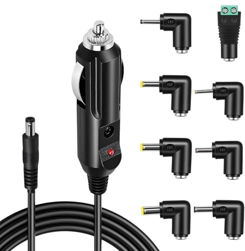 12V 3A KFZ Ladegerät 36W Universal Netzkabel Zigarettenanzünder mit 8 Tips für DVD Player Kamera Tablet Router GPS Handy TV LED Lichtleisten, DC Netzteil Adapter 5,5x2,1mm, 1.2m