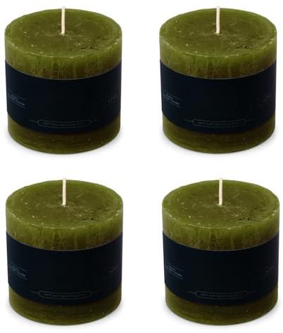Stumpenkerzen Rustic 4er Set 7x7 cm - Brenndauer: 25 Std., rußfrei, 100% Paraffin - für Kerzenständer, Kerzenhalter, Weihnachten, Hochzeit, Blockkerze, Kerze, Adventskranz, Advent (olive grün)