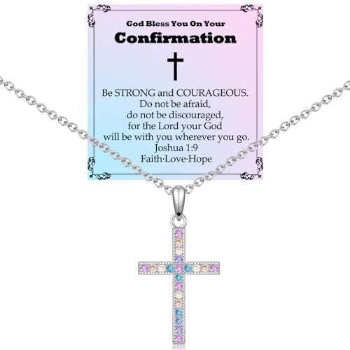 ADVIOK Baptism/Bless/First Holy Communion/Confirmation Gift for Girl Cross Necklace 23 * 16mm Pendant Stainless Steel Chain Pink Blue Yellow Cubic Zirconia for Women 16+2in
