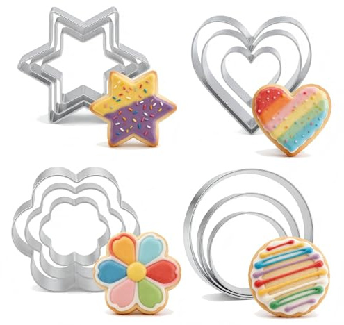 12Pcs Cookie Cutters Baking Set, Heart Flower Round Star Shape Biscuit Cutter Stainless Steel Molds Cookie Cutters for Kitchen Baking Birthday Christmas Valentine's Day Party Supplies