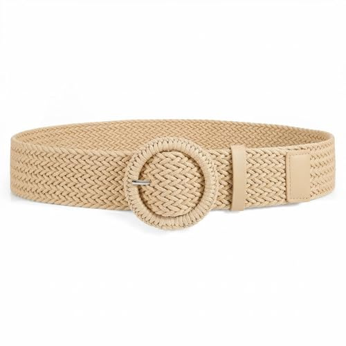 JasGood Damen Geflochten Elastischer Strohgürtel Breiter Taillengürtel Rattan Flechtgürtel Gewebter Boho Gürtel für Kleider mit Runde Schnalle,Beige,100cm
