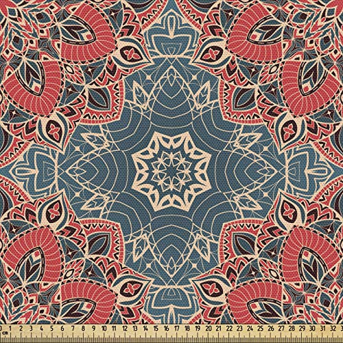 ABAKUHAUS Mandala Gewebe als Meterware, Kultur Blumen, Schön Gewebten Stoff für Polster und Wohnaccessoires, 1M (148x100cm),Dunkle Koralle Blaugrau Beige