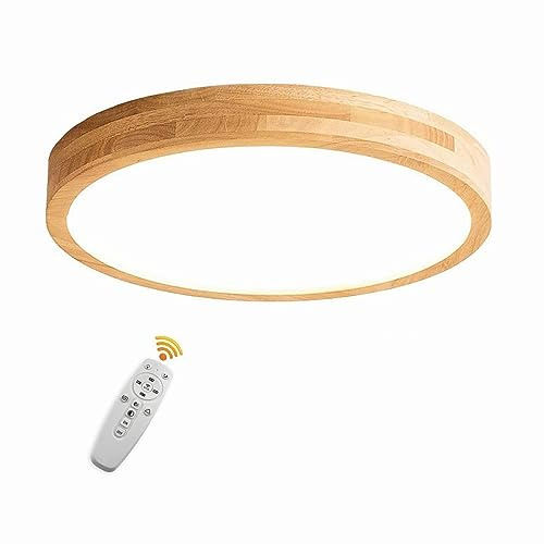 VOMI 18W LED Deckenlampe Dimmbar mit Fernbedienung, Ultradünne Runde Deckenleuchte aus Holz und Acryl Lampenschirm, Moderne Schlafzimmerlampe Innen Decke Holzlampe Schlafzimmer Deckenbeleuchtung