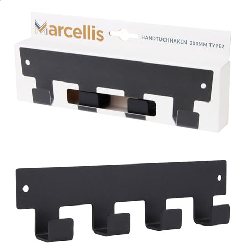 Marcellis Premium Garderobenhaken, Matt Schwarz, 4 Haken - Wandhakenleiste ideal als Handtuchhalter oder Hakenleiste - Hochwertige Verarbeitung und Befestigungsmaterial - 5,2x20x2,4 cm (HxWxD)