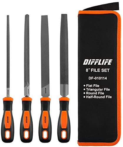 DIFFLIFE 8'' File Handles Needle File Set (Carbon Steel 4 Piece-Set), Hardened Alloy Strength Steel - Set Includes Flat,Triangular, Round, and Half-Round File (4-Piece)