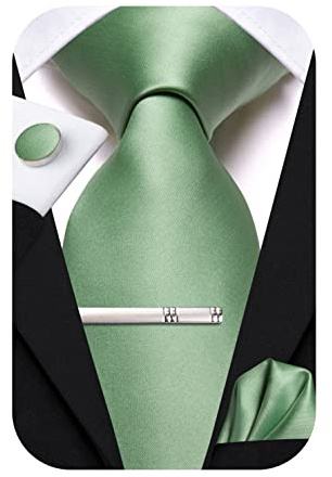Hi-Tie - Set di cravatte in seta da uomo, rosa, blu, nero, 4 pezzi, con fazzoletto da tasca quadrato e gemelli, clip e spilla per matrimonio, Verde salvia, M