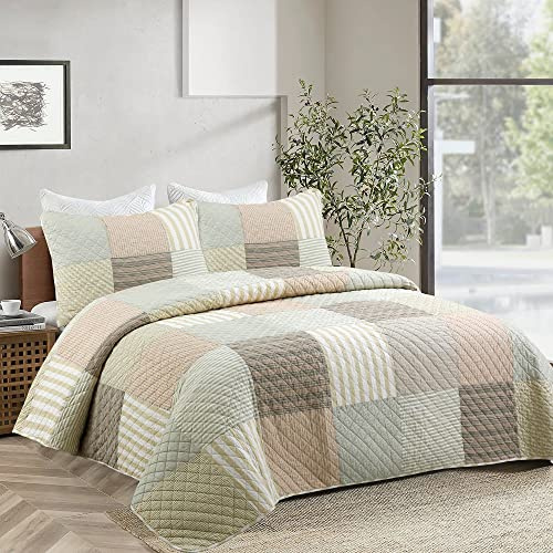 Cozy Line Home Fashions 100% Cotton Reversible Quilt Bedding Set, Classic Taupe Tan Striped Patchwork All-Season Coverlet Bedspread (Winter Plains, King-3 Piece)