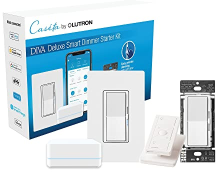 Lutron Deluxe Diva Smart Dimmer Kit for Caseta Lighting w/ Hub and Pico Remote, and Pedestal, 1 Wallplate, Smart Dimmer Works with Apple Home, Ring, Google Home, 3 Way