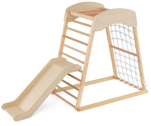 DREAMADE Jeu d'escalade Montessori 4 en 1 pour Enfants 1 an+, Aire de Jeux en Bois avec Barres de Singe, Filet d'Éscalade et Échelle, Ancrage au Sol, Charge 60 kg (Naturel)