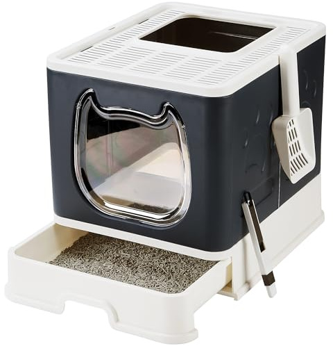 Vealind Covered Cat Litter Tray with Lid Slide Out Drawer Tray Enclosed Cats Litter Box with Front Door and Scoop