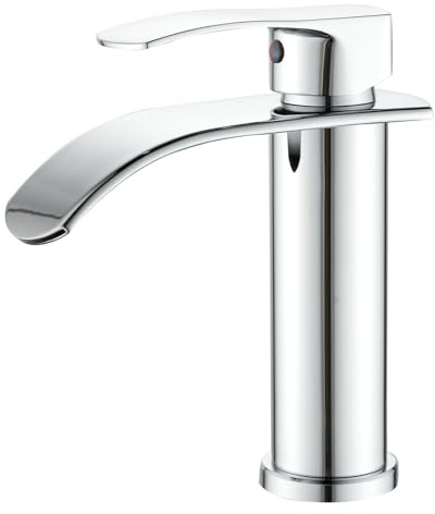 Beelee Einloch-Einhebel Wasserfall Waschtischarmatur mit G3/8 Kalt- und Warmwasseranschluss, verchromt, Moderne Armatur für Waschbecken im Badezimmer