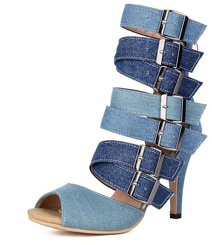 Lizoleor Sandali Donna Tacco A Spillo Alto Peep Toe Stivali Zip Fibbie Denim Estive Moda Alla Schiava Blu Numero 40.5 EU/42CN
