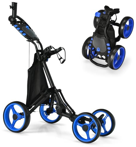 GOPLUS Chariot de Golf Pliable à 4 Roues, Poignée Réglable 150-190cm, Frein à Pied, avec Sac Isotherme, Porte-Parapluie, Support Supérieur avec Sangle Elastique, 110x100x65cm (Bleu)