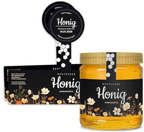 Honigetiketten 500 g personalisierbar mit Gewährverschluss – Aufkleber für Honiggläser selbst gestalten – selbstklebend, ablösbar – ab 25 Stück – (HONIG - 500 g - GEW2)