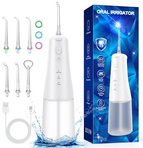 Jet Dentaire Hydropulseur Sans Fil: Irrigateur Dentaire Rechargeable 310 ml, 6 Buses 3 Modes, Oral Flosser Double Débit d'eau, Étanche IPX7, Pour La Maison - Blanc