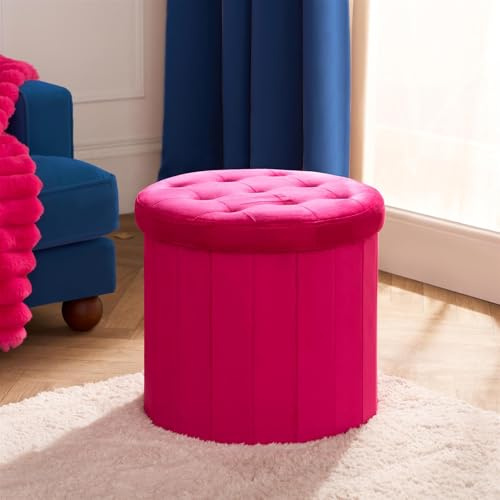 OHS Round Storage Ottoman Matte Velvet, Storage Stool with Lid Space Saving Organising Box for Bedroom Living Room Footstool with Hidden Storages, Bright Pink