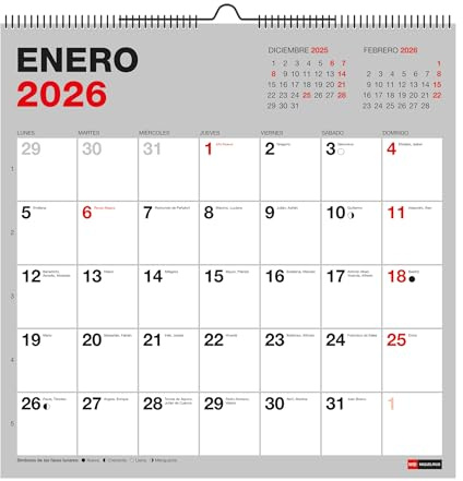 Miquelrius - Grundläggande väggkalender 2026, årlig organisatör 300 x 300 mm, med plats att kommentera, dubbel spiralbindning, 12 månaders planerare