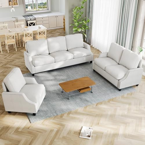 KEIKI 3-Piece Sofa Set with 1 Oversized Polyester 3-Seater Sofa & 1 Loveseat & 1 Single Sofa, Upholstered Modern Style 6-Seater Couch Set with High-Density Foam Cushions, for Living Room, Beige