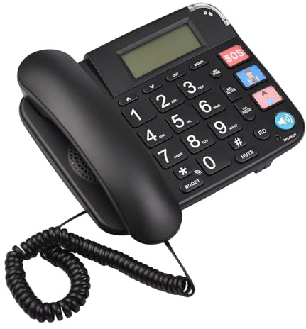 Aumotop Téléphone Filaire Noir pour Personnes âgées, avec Gros Boutons, Téléphone Fixe de Bureau, Prise en Charge Mains Libres/Recomposition/Flash/numérotation Rapide, Filaire Portable pour Hôtel
