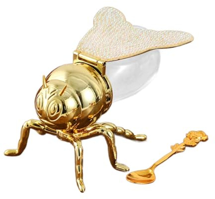 Guangcailun Fantastisk kryddburk med bi och sked. Lyxig honungsburk med bi för funktionell köksinredning. Kryddmått 10 cm x 15 cm x 8,5 och skeden är 11 lång, Guld, 10x15x8.5