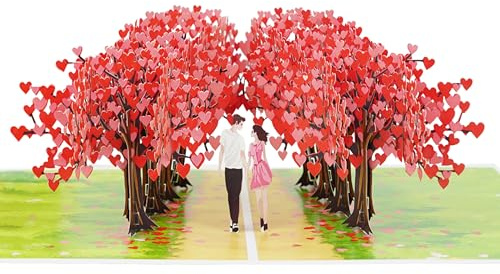 Favour Pop Up Grußkarte Liebe 3D – Handgefertigte Karte für Freundschaft, Verlobung & Hochzeit – Paar unter Herzbaum-Allee – Geldgeschenk & Gutschein geeignet – 15 x 20 cm TK077