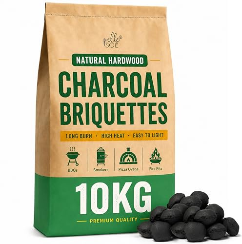 Pelle & Sol Charcoal BBQ Briquettes 10kg Pack - Long Burning BBQ Charcoal for Up to 3 Hours Heat, Fast Lighting in 20 Minutes, Low Ash Barbecue Fuel for Grilling, Smoking & Outdoor Cooking