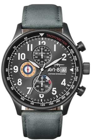AVI-8 Hawker Hurricane Men's Pilot Watch – Classic Chronograph, Japanese Quartz Movement, 43.5mm Stainless Steel Case, Leather Strap, AV-4011-0D - Military Green