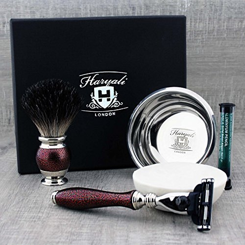4-teiliges Rasierset für Männer: Reine Dachshaarrasierbürste, 3-Kanten-Rasierer & Edelstahl-Rasierschale & Seife. KOSTENLOSER ALUM-STICK Vintage Style> Gebrauchsfertig>
