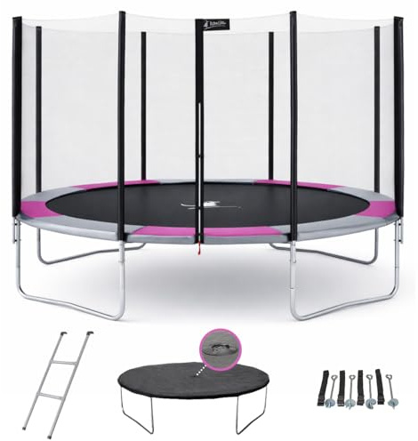 Kangui – Trampolin, rund, mit Netz, Leiter, Abdeckplane, Befestigungsset, Rosa, Ø 250 – Ø 300 – Ø 360 – Ø 430 cm 4,30 m Rosa