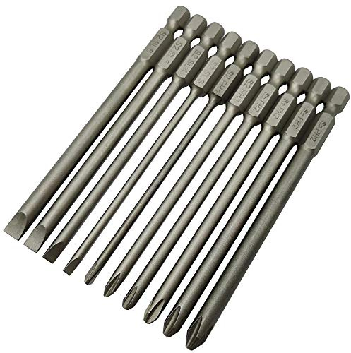 YDLQWCZ Long Slotted Head and Cross Phillips Screwdriver Bit Sets with 1/4 Inch Hex Shank 4 inch Lenght (4Pcs Slotted + 6Pcs Cross 100mm)