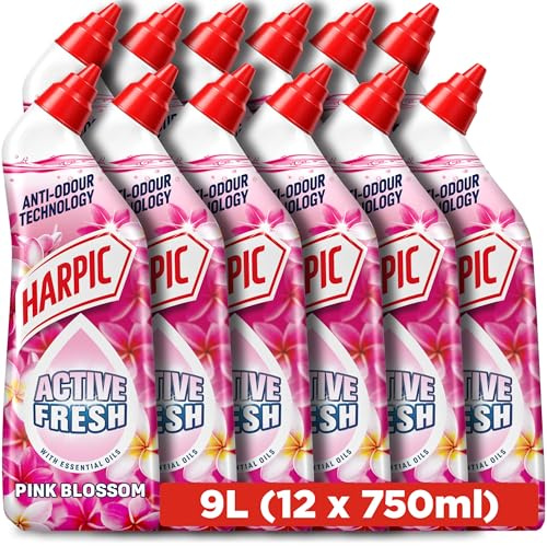 Harpic Active Fresh Toilet Cleaning Gel, Pink Blossom, 750ml (12 x 750ml, Total 9.0L), with Essential Oils, Anti-odour, Toilet Cleaner, Kills 99.9% of Bacteria