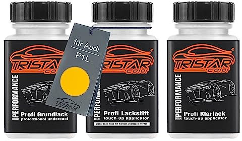 TRISTARcolor Vernice per auto Kit stilo di ritocco per Audi P1L Gelb Vernice di fondo vernice di base vernice trasparente ognuno 50ml