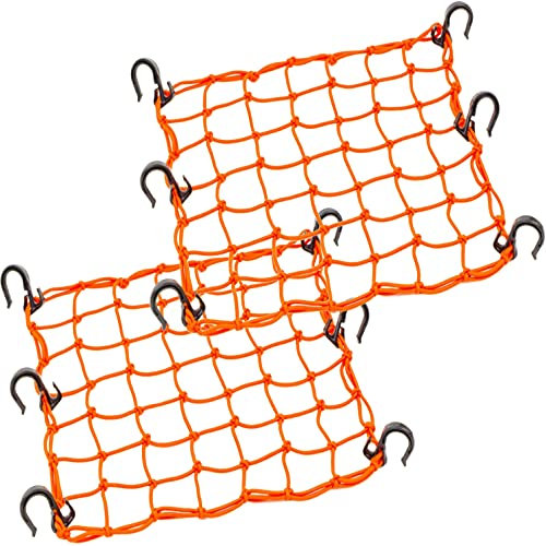 ZUOZE Small Cargo Net 15x15 Stretches to 30x30 with Thicken Hooks | Natural Latex Core, Tight 2”x2” Mesh Heavy Duty Bungee Net for Motorcycle Helmet, Bike, ATV, UTV, Luggage (Orange, 2 Pack)