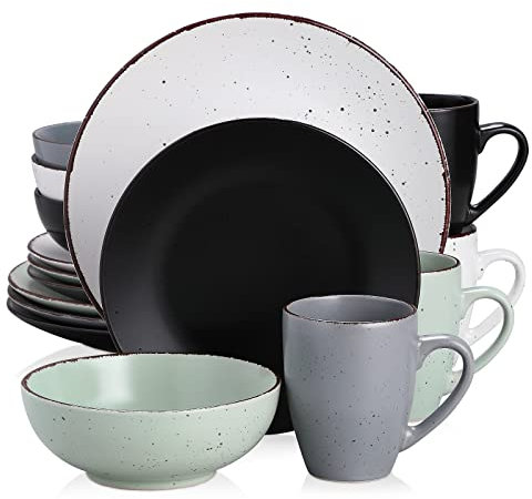 vancasso MODA Servizio da tavola, set combinato da 16 pezzi in porcellana con piatto piano, piatto da dessert, ciotola di cereali e tazza, stoviglie nero bianco grigio ciano, servizio per 4