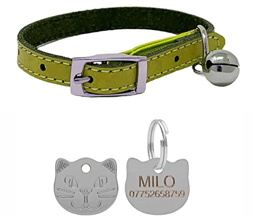 Katzenhalsband aus echtem Leder, mit Sicherheitsgummi und Glöckchen, mit personalisierbarer Gravur, Grün