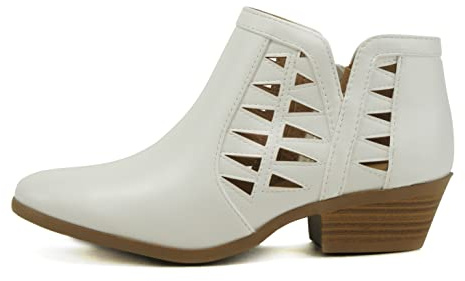 Soda CHANCE Womens Perforated Cut Out Stacked Block Heel Ankle Booties (9, Off White PU, numeric_9)