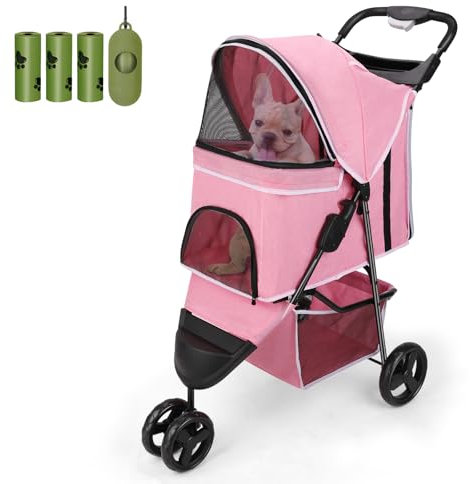 Wedyvko Hundebuggy 15 Kg für Kleine Hunde, Ultra Leicht - nur 5,4 kg, Klein Zusammenklappbar mit Zubehör, Eva-Schaum-Räder, Getränkehalter Rosa