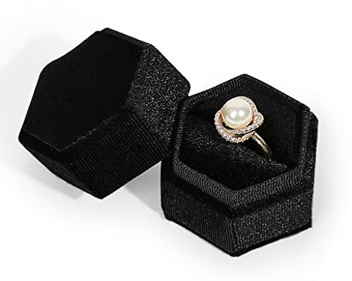 Sechseckige Samt-Ringschatulle, Einzelring-Display-Halter, elegante Schmuck-Aufbewahrungsbox, Geschenk für Antrag, Verlobung, Jahrestag, Geburtstag, Zeremonie (schwarz)