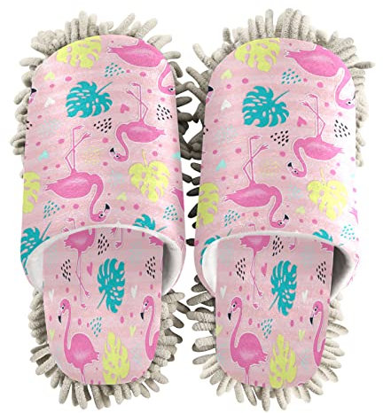 JUMBEAR Rosa tropische Flamingo-Reinigungs-Hausschuhe, Staubreinigungswerkzeug, waschbare Mopp-Reinigung, Hausschuhe, Schuhe für Küche, Haus, Wohnzimmer, (M)