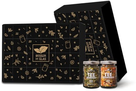 Besser im Glas Bio Tee Adventskalender 2025 | 24 Gourmet Teesorten nachhaltig verpackt | natürlich süß, vegan, ohne Zucker & ohne Kalorien | Tee Geschenk | Zitronentee, Früchtetee & Kräutertee lose