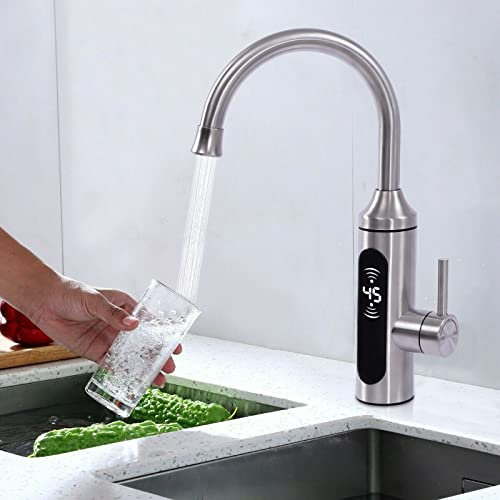 Elektrischer Wasserhahn,Edelstahl Küche Durchlauferhitzer,Beheizbarer Wasserhahn mit Integriertem Durchlauferhitzer 220V 3300W Wasserhahn mit Temperaturanzeige Geht in 360 Grad Verstellen